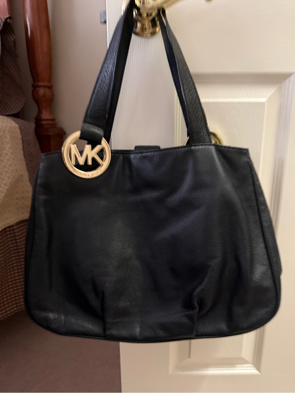 Michael Kors Black Leather Shoulder Tote with Gold MK Charm